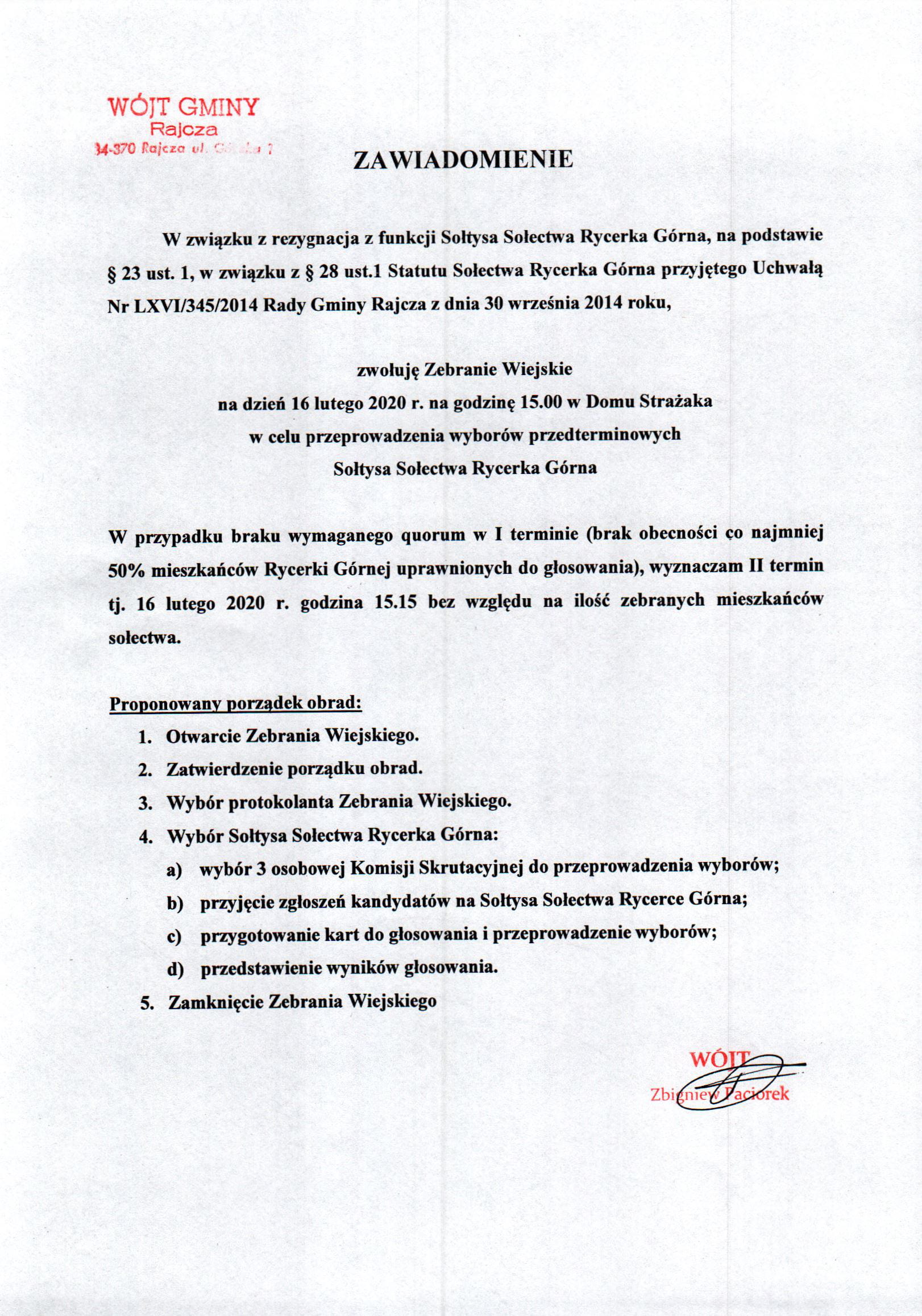 Zawiadomienie Wójta Gminy Rajcza