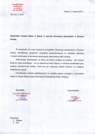 Stanowisko Urzędu Gminy w Rajczy w sprawie dewastacji samochodów w Rycerce Górnej