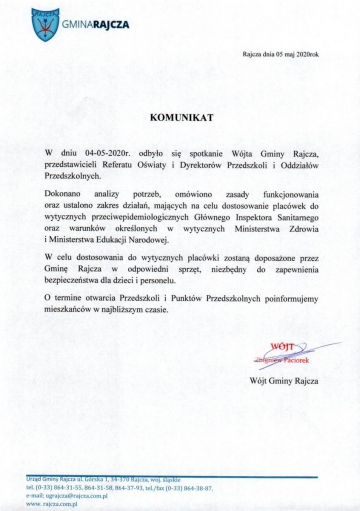 Komunikat - Przedszkola w Gminie Rajcza