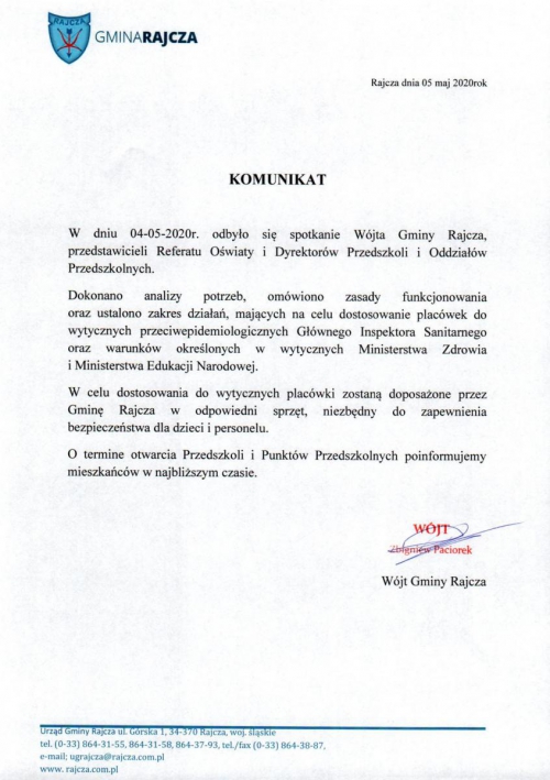 Komunikat - Przedszkola w Gminie Rajcza