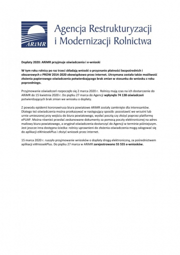 Informacje Agnecji Restrukturyzacji i Modernizacji Rolnitwa dot. dopłat dla rolników w 2020r.