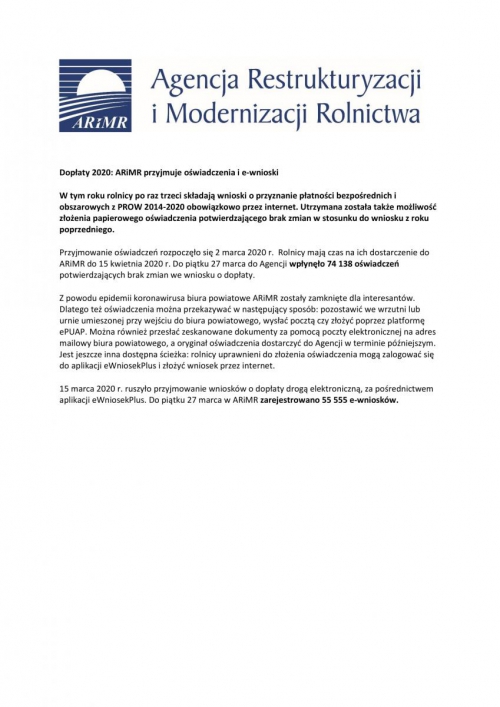 Informacje Agnecji Restrukturyzacji i Modernizacji Rolnitwa dot. dopłat dla rolników w 2020r.