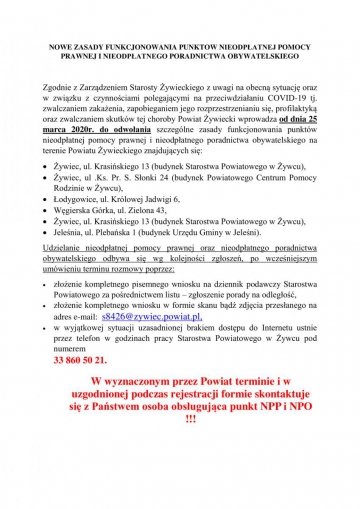 Informacja dot. nowych zasad funkcjonowania punktów nieodpłatnej pomocy prawnej i nieodpłatnego poradnictwa obywatelskiego