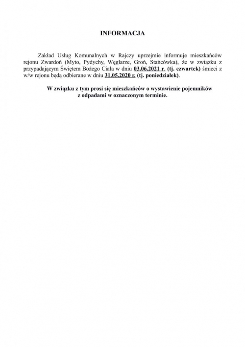 Zmiana terminu odbioru śmieci w związku ze świetem przypadającym w dniu 03 czerwca 2021r.