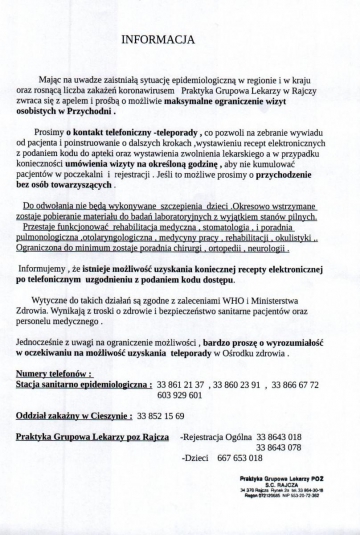 Informacja dot. wizyt w Ośrodku Zdrowia w Rajczy