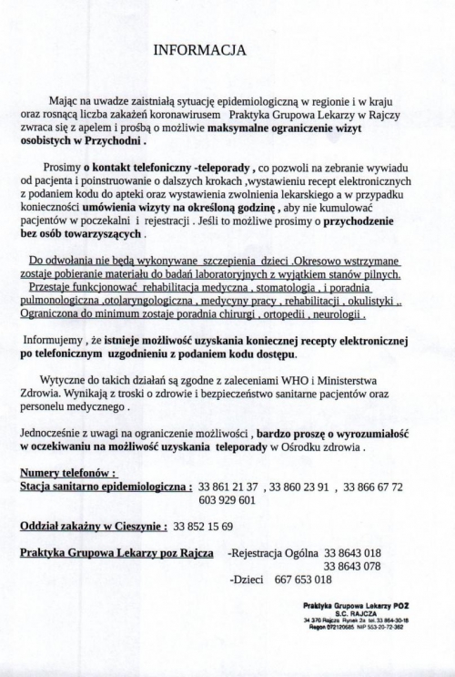 Informacja dot. wizyt w Ośrodku Zdrowia w Rajczy