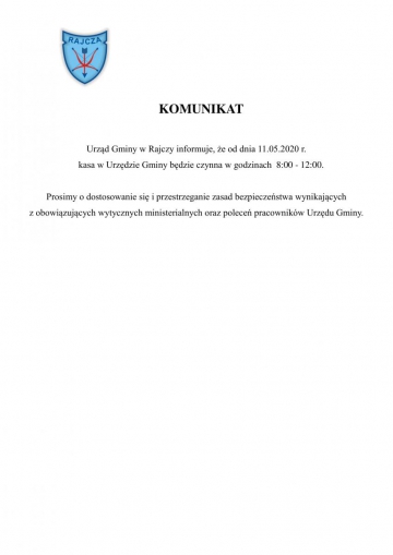 Komunikat - godziny pracy Kasy Urzędu Gminy w Rajczy