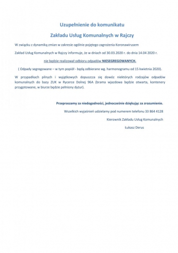 Uzupełnienie do komunikatu Zakładu Usług Komunalnych w Rajczy
