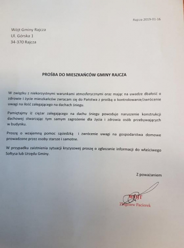 Prośba o zwrócenie uwagi na zalegający na dachach śnieg