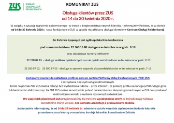 Informacja dot. zasad obsługi klientów Zakładu Ubezpieczeń Społecznych w dniach od 14 do 30 kwietnia br. w związku z sytuacją epidemiologiczną w Polsce