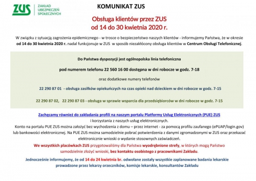 Informacja dot. zasad obsługi klientów Zakładu Ubezpieczeń Społecznych w dniach od 14 do 30 kwietnia br. w związku z sytuacją epidemiologiczną w Polsce