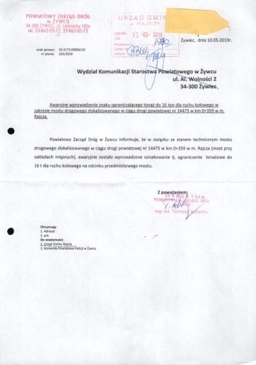 Ograniczenie tonażu do 16 ton dla ruchu kołowego na moście przy zakładzie mięsnym w Rajczy
