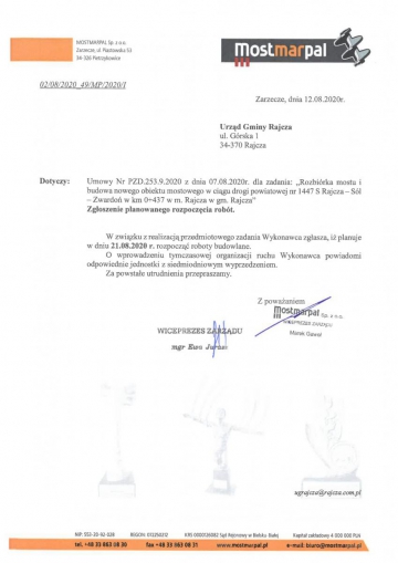 Rozbiórka mostu i budowa nowego obiektu mostowego w ciągu drogi powiatowej Rajcza-Sól-Zwardoń w miejscowości Rajcza