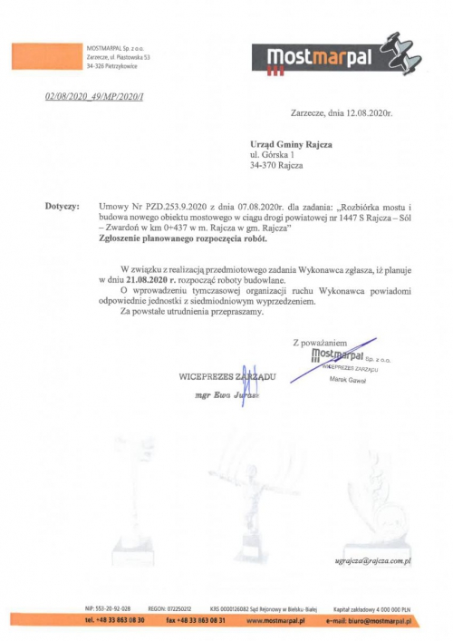 Rozbiórka mostu i budowa nowego obiektu mostowego w ciągu drogi powiatowej Rajcza-Sól-Zwardoń w miejscowości Rajcza