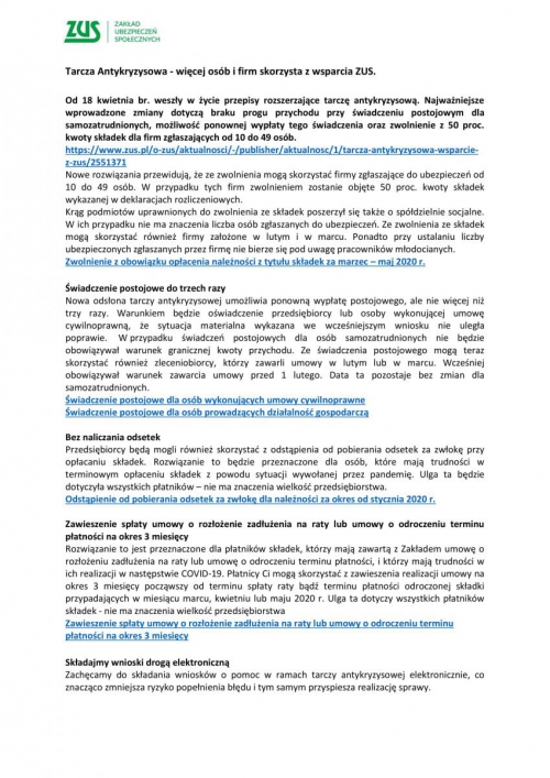 Informacje dot. wsparcia Zakładu Ubezpieczeń Społecznych w ramach Tarczy Antykryzysowej