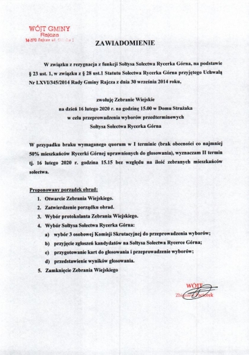 Zawiadomienie Wójta Gminy Rajcza o zwołaniu Zebrania Wiejskiego w Sołectwie Rycerka Górna