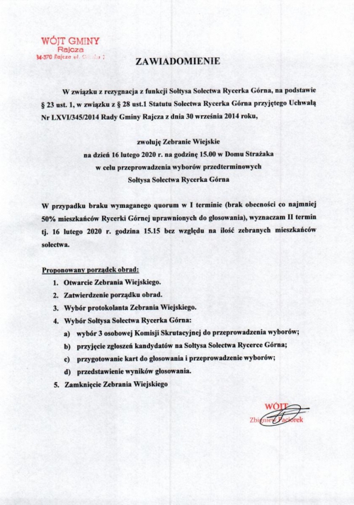 Zawiadomienie Wójta Gminy Rajcza o zwołaniu Zebrania Wiejskiego w Sołectwie Rycerka Górna