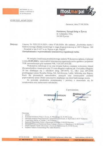 Zmiana organizacji ruchu w związku z rozbiórką i budową nowego mostu w ciągu DP 1447 S w km 0+437 w Rajczy